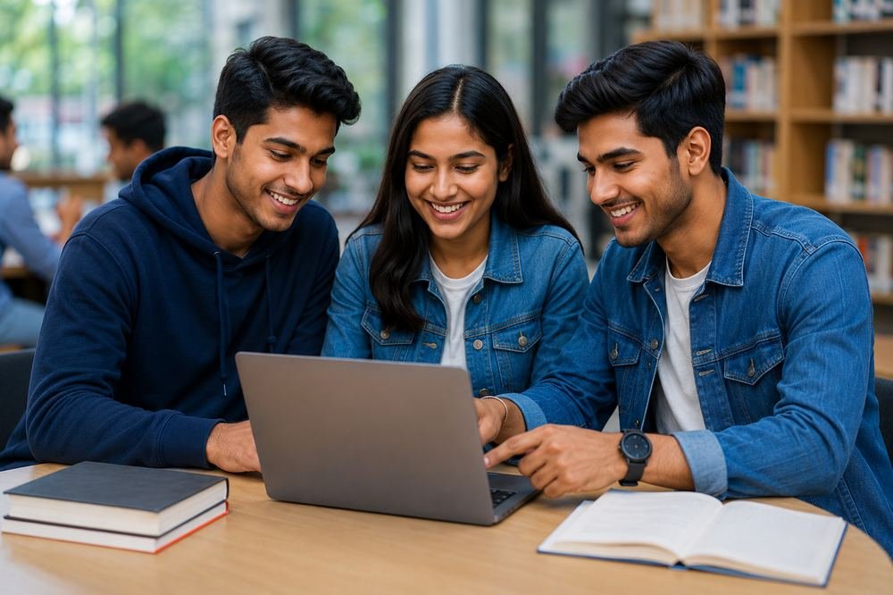 Skill Hub students learning together on a laptop